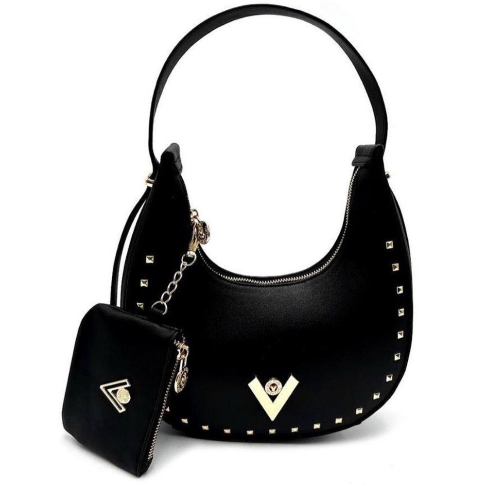 NWT Valentino Orlandi Black Gold Vegan Leather Crescent Shoulder Bag Wallet $189 - Picture 4 of 5